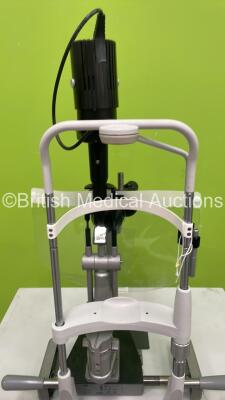 Haag Streit Bern BM 900 Slit Lamp with 2 x 10x and 2 x 16x Eyepieces, Haag Streit R 90049138 Tonometer and Chin Rest on Motorized Table (Powers Up with Good Light) *07747* - 7