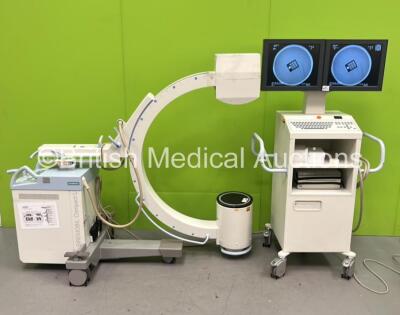 Siemens Siremobil Compact L C-Arm *Mfd - 2010* with Dual Flat Screen Image Intensifer, Sony UP-990AD Hybrid Graphic Printer (Untested, Damaged Casing), Footswitch, Exposure Trigger and Key (Powers Up and Exposure Taken) *30105* **IR284**