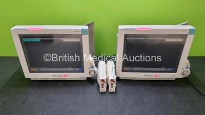 2 x Philips IntelliVue MP70 Patient Monitors (Both Power Up, Both with Crack In Casing - See Photos) with 2 x Philips M3001A Module Including ECG, SpO2, NBP, Press and Temp Options *SN DE51293991 / DE73170477 / DE73170462*