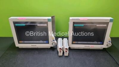 2 x Philips IntelliVue MP70 Patient Monitors (Both Power Up, 1 x with Crack In Casing - See Photos) with 2 x Philips M3001A Module Including ECG, SpO2, NBP, Press and Temp Options *SN DE717N0853 / DE717N8069 / DE73170456 / DE7317048*