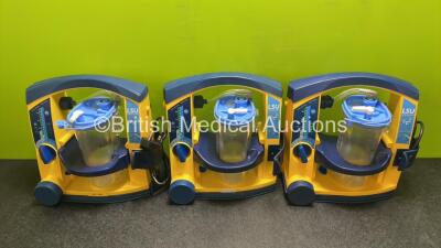 3 x LSU Laerdal Suction Units with 3 x Cups and 3 x Batteries (All Power Up, 1 x Damaged / Loose Handle Casing - See Photos)