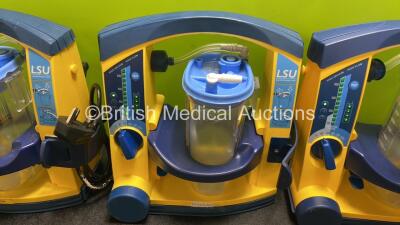 3 x LSU Laerdal Suction Units with 3 x Cups and 3 x Batteries (All Power Up, 1 x Damaged / Loose Handle Casing - See Photos) - 3