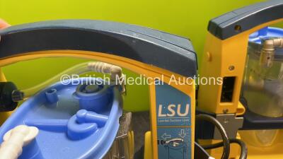 3 x LSU Laerdal Suction Units with 3 x Cups and 3 x Batteries (All Power Up, 1 x Damaged / Loose Handle Casing - See Photos) - 6