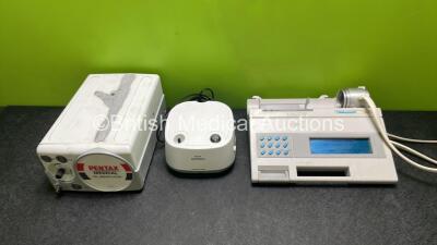 Mixed Lot Including 1 x Pentax Medical CO2 Insufflator (Damage to Casing - See Photos) 1 x Philips Respironics InnoSpire Essence Compressor and 1 x Vitalograph Alpha with Power Supply (Powers Up with Damage to Casing)