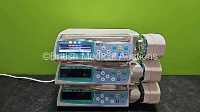 3 x B Braun NICU Perfusor Space Syringe Pumps( All Power Up with Stock Power Supply - Stock Power Supply Not Included, 1 x Faulty Screen and 1 x Damaged/Missing Casing - See Photos)