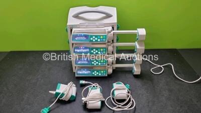 4 x B.Braun Perfusor Space Syringe Pumps (All Power Up) with 1 x B.Braun Space Station, 4 x Pole Clamps and 4 x Power Supplies (3 x Untested Power Supplies) *SN 087562 / 368000 / 367980 / 367979 / 367959*