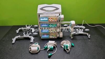 4 x B.Braun Perfusor Space Syringe Pumps (All Power Up) with 1 x B.Braun Space Station, 4 x Pole Clamps and 4 x Power Supplies (3 x Untested Power Supplies) *SN 087568 / 368474 / 367972 / 368691*