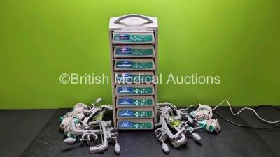 8 x B.Braun Infusomat Space Infusion Pumps (All Power Up) with 2 x B.Braun Space Station, 8 x Pole Clamps and 8 x Power Supplies (7 x Untested Power Supplies) *SN 437844 / 437956 / 437871 / 437986 / 438029 / 438006 / 437931 / 437948*