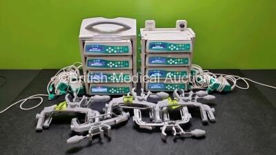 8 x B.Braun Infusomat Space Infusion Pumps (All Power Up) with 2 x B.Braun Space Station, 8 x Pole Clamps and 8 x Power Supplies (7 x Untested Power Supplies) *SN 437889 / 37976 / 437908 / 437822 / 437121 / 438025 / 437063 / 437961*