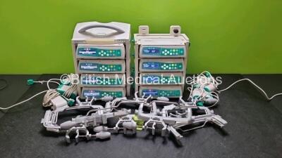 8 x B.Braun Infusomat Space Infusion Pumps (All Power Up) with 2 x B.Braun Space Station, 8 x Pole Clamps and 8 x Power Supplies (7 x Untested Power Supplies) *SN 437937 / 437969 / 437906 / 436999 / 437058 / 437161 / 438007 / 437025*