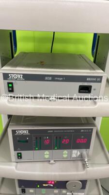 Storz Stack Trolley with Advan Monitor, Storz 222000 20 SCB Image 1 Camera Control Unit, Storz 264305 20 SCB electronic endoflator and Storz 201330 20 Xenon 300 Light Source (Powers Up - Clicking Noise from Light Source) - 3