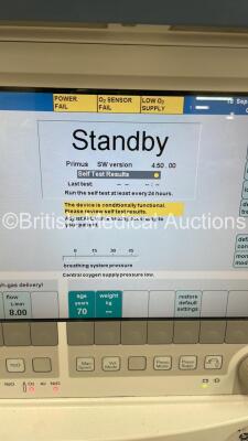 Drager Primus Anaesthesia Machine Software Version 4.50.00 Operating Hours Mixer-1853 Ventilator-6122 with Drager Halothane Vapor 19.3 Vaporizer with Hoses (Powers Up - Damage to Rear Door - See Pictures) *S/N ARUF-0151* - 3
