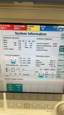 Drager Primus Anaesthesia Machine Software Version 4.50.00 Operating Hours Mixer-1853 Ventilator-6122 with Drager Halothane Vapor 19.3 Vaporizer with Hoses (Powers Up - Damage to Rear Door - See Pictures) *S/N ARUF-0151* - 5