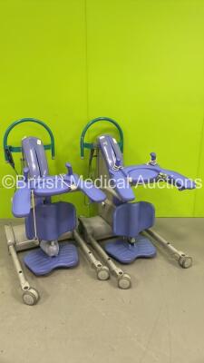 2 x Arjo Sara Plus Patient Hoists with Controllers and Batteries (Both Power Up - 1 x Good Battery Included)