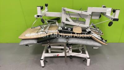 1 x MediPlinth Electric 3 Way Patient Examination Couch with Controller and 1 x Plinth 2000 Electric Patient Examination Couch with Controller (Both Power Up - 1 x Damaged Wheel - See Pictures) *S/N 503CDW0308472*