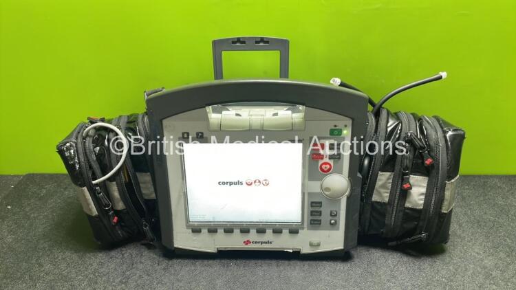 GS Corpuls3 Slim Defibrillator Ref : 04301 with Corpuls Patient Box Ref : 04200 with Pacer, Oximetry, ECG-D, ECG-M, CO2, CPR, NIBP and Printer Options, 4 and 6 Lead ECG Leads, SPO2 Finger Sensor, Hose, Paddle Lead, CO2 Cable, 3 x Flat Batteries and Corpul