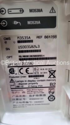 Philips Heartstart MRx Defibrillator with External Hard Paddle (Powers Up) Including Pacer, ECG, BP1, BP2, Temp, SpO2, NIBP, CO2 and Printer Options with Philips M3539A Module, Philips M3538A Battery, Philips M3725A Test Load, SpO2 Finger Sensor, Paddle - 6