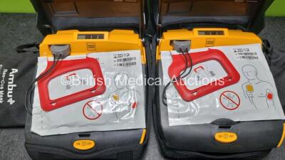 2 x Physio Control Lifepak CR Plus Defibrillators *Mfd 2016 / 2016* with 2 x Electrode Pads *Both in Date* and 2 x Res-Cue Masks in 2 x Carry Cases - 2