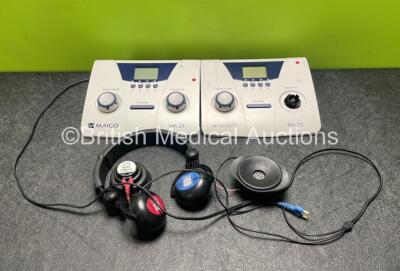 2 x MAICO MA 25 Screening Audiometers with 1 x Headphones (1 x Powers Up with Stock Power Cable, Cable Not Included, 1 x No Power with Damaged Casing and Missing Dial, Damaged Headphones - See Photos) *SN MA9068306 / NA*