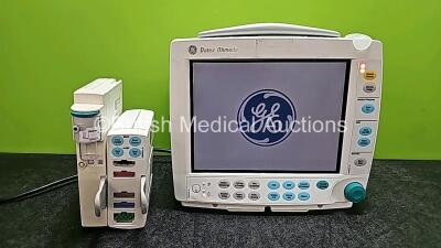 GE Datex-Ohmeda F-FMW-01 Patient Monitor (Powers Up) with 1 x GE E-PSMP-00 Module Including ECG, SpO2, NIBP, P1, P2, T1 and T2 Options and 1 x GE Type N-FC-00 Module with Mini D-fend Water Trap *SN 6620746 / 6635465 / 6730787*