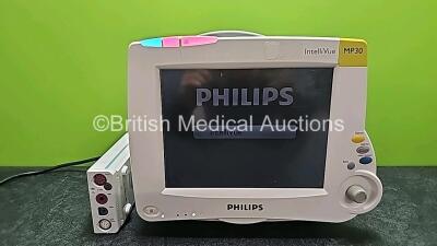 Philips IntelliVue MP30 Patient Monitor with 1 x Philips M3001A Opt A01C06 Including ECG, SpO2, NBP, Press and Temp Options (Powers Up, Damaged Power ON Button Cover - See Photo)