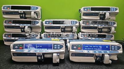 9 x CareFusion Alaris CC Guardrails Plus Syringe Pumps and 1 x CareFusion Alaris CC Plus Syringe Pump (All Power Up with 2 x Calibration Invalid Message and 1 x Cracked Light Cover - See Photos) *SN 135273680 / 370025247 / 370025270 / 135296421 / 37002519