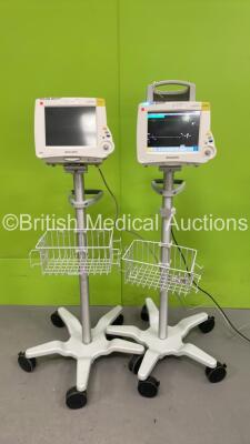 1 x Philips IntelliVue MP30 Patient Monitor on Stand (Powers Up) and 1 x Philips IntelliVue MP20 Junior Patient Monitor on Stand (No Power) with Philips M3001A Multiparameter Module *Mfd 2020* with Press, Temp, NBP, SPO2 and ECG/Resp Options (Both Power U