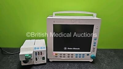 Datex-Ohmeda S/5 Compact Anaesthesia Type F-CM1 05 Monitor (Powers Up) with 1 x GE Type E-PRESTN-00 Module Including ECG, SpO2, T1, T2, P1, P2 and NIBP Options and 1 x GE E- CAiO Gas Module with D-fend Water Trap