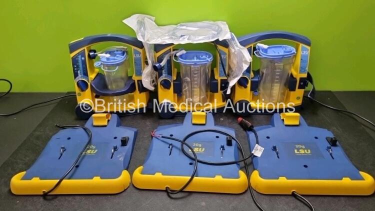 3 x LSU Laerdal Suction Units (All Power Up) with 3 x LSU Wall Brackets (2 x with Cut Cables) and Hoses