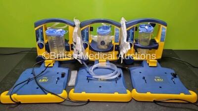 3 x LSU Laerdal Suction Units (All Power Up, 1 x Missing Battery Cover) with 3 x LSU Wall Brackets (2 x with Cut Cables) and Hoses