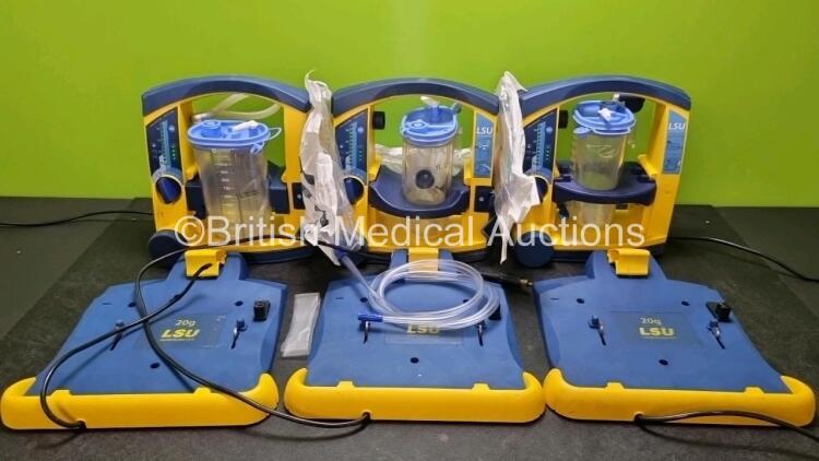 3 x LSU Laerdal Suction Units (All Power Up, 1 x Missing Battery Cover) with 3 x LSU Wall Brackets (2 x with Cut Cables) and Hoses