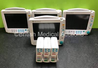 4 x GE Datex-Ohmeda F-FM-00 Patient Monitors (3 x Power Up, 1 x Draws Power, 4 x Damage to Casing - See Photos) with 3 x GE E-PSMP-00 Modules Including ECG, SpO2, NIBP, P1, P2, T1 and T2 Options *SN 5175326 / 625216C / 6803281 / 6528129*