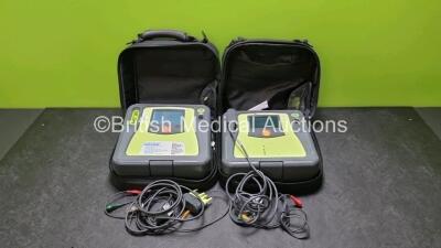 2 x Zoll AED PRO Defibrillators (Both Power Up) with 2 x 3 Lead ECG Lead, 2 x Batteries and 4 x In Date Electrode Packs