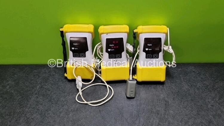 3 x BCI 3301 Pulse Oximeters in Yellow Cases (2 x Power Up 1 x Suspected Flat Battery) with 3 x SpO2 Finger Sensors