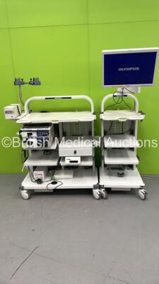 2 x Olympus Stack Trolleys with Olympus OEV261H Monitor, Olympus Evis Lucera Elite CV-290 Digital Processor, Olympus Evis Lucera Elite CLV-290SL Light Source, Olympus MAJ-1911 Pigtail Connector, Olympus UCR CO2 Regulation Unit, Olympus OFP-2 Unit and Sony