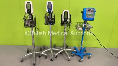 2 x Welch Allyn 420 Series Patient Monitors on Stands, 1 x Welch Allyn SPOT Vital Signs Monitor on Stand and 1 x GE Dinamap Pro 100V2 Vital Signs Monitor on Stand (All Power Up - 1 x Mounting Point Damaged - See PIctures) *S/N 200521261 / AAX07330110SA*