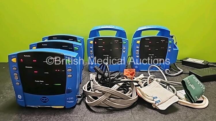 Job Lot Including 3 x GE Carescape V100 Dinamap (All Power Up), 1 x GE ProCare Auscultatory 100 (Powers Up and Damaged Casing - See Photo), 1 x GE ProCare 200 (Powers Up) with BP Hose and Cuffs and 3 x Power Supplies