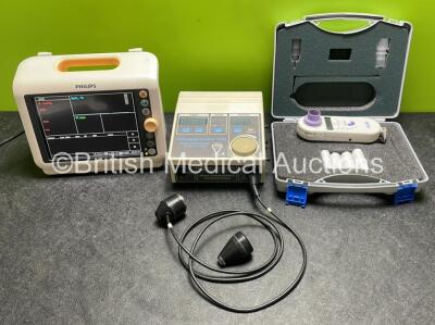 Mixed Lot Including 1 x Philips VM4 Sure Signs Patient Monitor Including ECG, SpO2 and NIBP Options (Powers Up) 1 x EMS Therasonic 450 Dual Frequency Unit with 1 x Transducer / Probe (Powers Up, Damaged Probe - See Photos) and 1 x Micro Medical Baby CO Sp