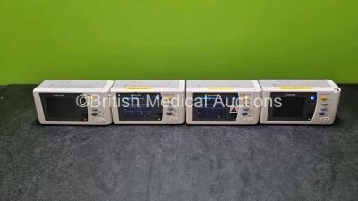 4 x Philips IntelliVue X2 Handheld Patient Monitors Including ECG, SpO2, NBP, Press and Temp Options (2 x Power Up with Stock Battery, Stock Battery Not Included, 2 x Draw Power, All with Damage to Casing - See Photos)