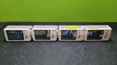 4 x Philips IntelliVue X2 Handheld Patient Monitors Including ECG, SpO2, NBP, Press and Temp Options (All Power Up with Stock Battery, Stock Battery Not Included, All with Damage to Casing and 1 x Cracked Screen - See Photos)