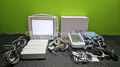 Mixed Lot Including 1 x GE Datex-Ohmeda F-FM-00 Patient Monitoring with 2 x Leads (Powers Up), 2 x Datex Ohmeda Light Monitor Power Adapter Type N-LPOW-00 and 1 x WatchBP Office Microlife BP Monitor with Accessories (Powers Up) *SN 6433778 / J345678903 / 