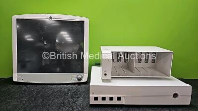 Job Lot Including 1 x GE D19KT Display Monitor (Powers Up, Scratched Screen, Upper Front Screen Trim Missing - See Photo), 1 x Carescape C1-CPU Base Unit (Powers Up, Cracked Casing - See Photo) and 1 x F7-01 Module Rack *SN SEF1118216HX / SKA13370186GA /