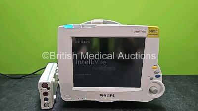 Philips IntelliVue MP30 Patient Monitor (Powers Up,Cracked Casing - See Photos) with 1 x Philips M3001A Module Including ECG, SpO2, NBP, Press and Temp Options (Cracked Casing - See Photos) *SN DE50410311 / DE63212365*