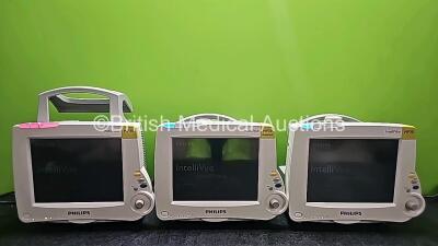 3 x Philips IntelliVue MP30 Patient Monitors (All Power Up and 1 x Slight Damaged Button - See Photo) *SN DE50410312 / DE62231373 / NA*