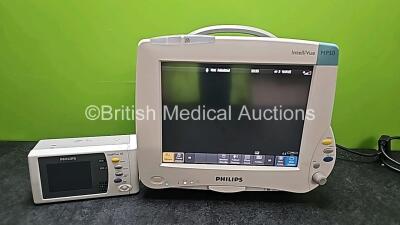 Philips IntelliVue MP50 Patient Monitor (Powers Up and Damaged Casing - See Photo) with 1 x Philips IntelliVue X2 Handheld Patient Monitor Including ECG, SpO2, NBP, Press and Temp Options (No Power, Missing Battery and Cracked Casing - See Photo) *SN DE65