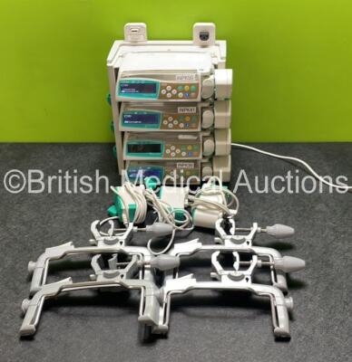 4 x B.Braun Perfusor Space Syringe Pumps (All Power Up) with 1 x B.Braun Space Station (Missing Top/Handle - See Photos) 4 x Pole Clamps and 4 x Power Supplies (3 x Untested Power Supplies) *SN 387024 / 386807 / 386917 / 387025*