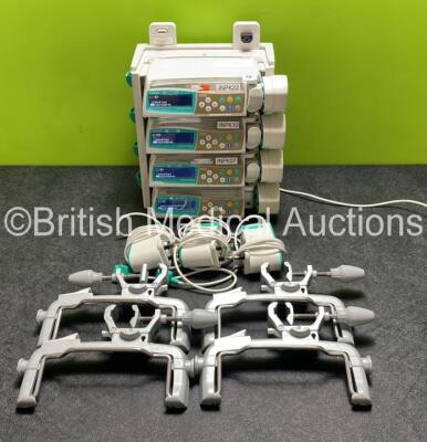 4 x B.Braun Perfusor Space Syringe Pumps (All Power Up) with 1 x B.Braun Space Station (Missing Top/Handle - See Photos) 4 x Pole Clamps and 4 x Power Supplies (3 x Untested Power Supplies) *SN 386983 / 387037 / 386876 / 376804*