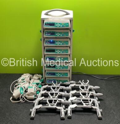 8 x B.Braun Infusomat Space Infusion Pumps (6 x Power Up, 2 x No Power, 1 x Powers Up with Alarm, 2 x Damage to Casing - See Photos) with 2 x B.Braun Space Stations, 8 x Pole Clamps and 8 x Power Supplies (7 x Untested Power Supplies) *SN 457535 / 444929