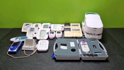 Job Lot of Various Omron Blood Pressure Monitors Including 2 x MX3 Plus, 1 x M6, 1 x M2, 1 x MT-10, 1 x M5-1, 2 x 705CP, 2 x Pico Baby Smokerlyzer, 1 x Carefusion Baby CO Spirometer, 1 x Huntleigh Smartsign Mini Pulse, 2 x Philips Respironics InnoSpire De