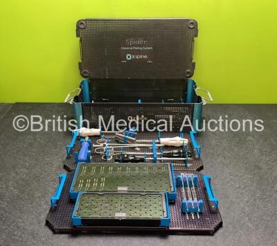 X-Spine Spider Cervical Plating System Surgical Instrument Set Including Various Screws, Drill Bits, Drivers, Drill Guides and Handles in Tray *Incomplete*